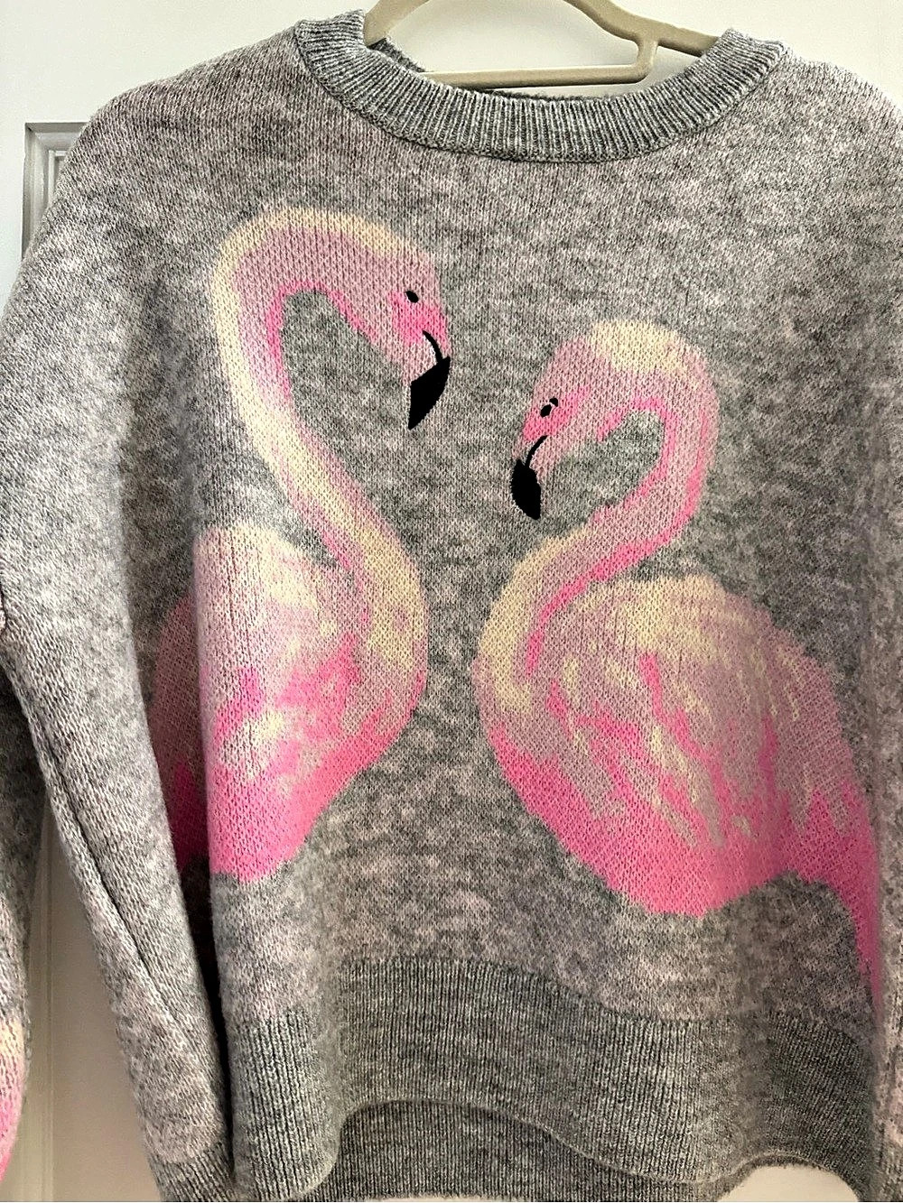 SAVIDA Flamingo Crewneck Sweater in Gray & Pink Size Small NWT